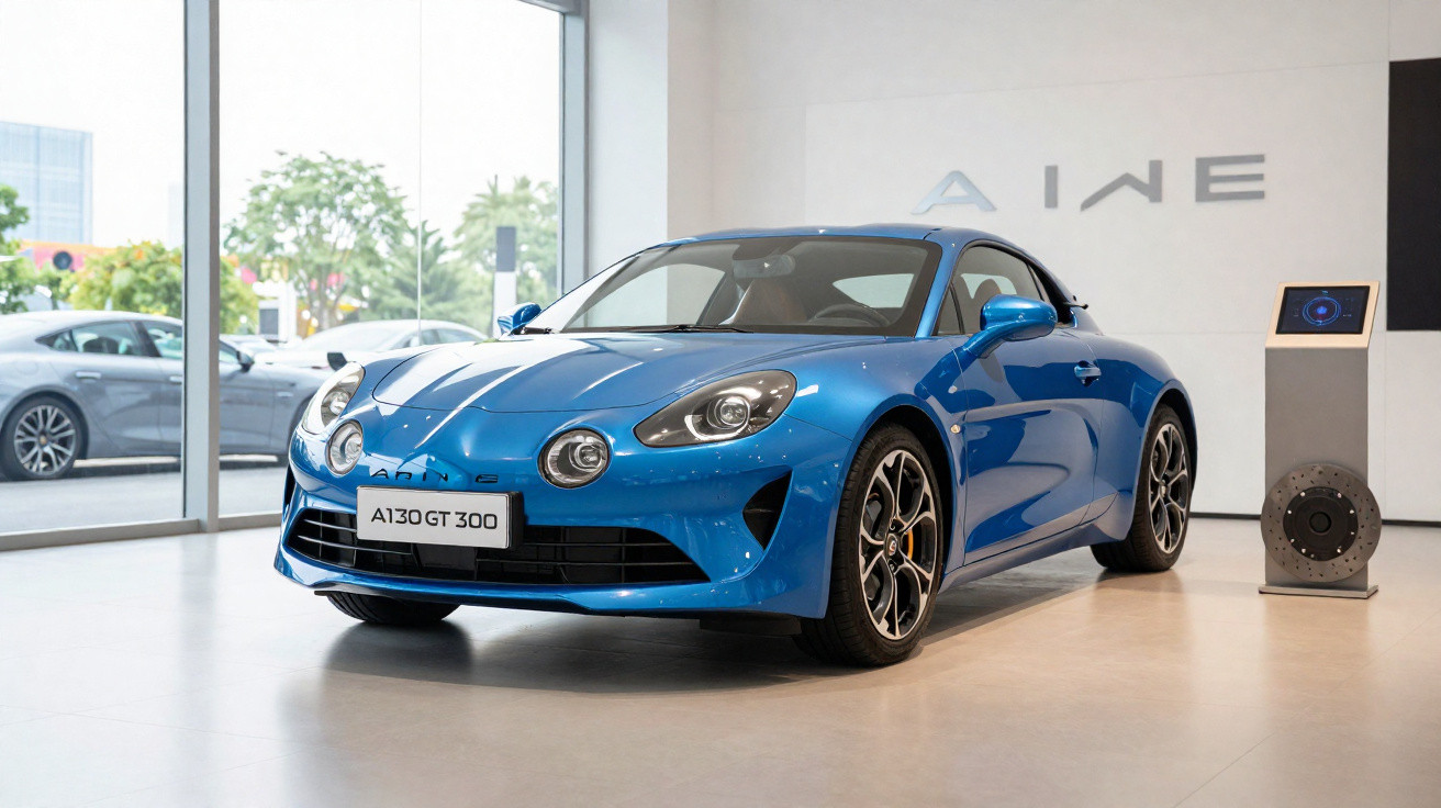 Carro esportivo azul A130 GT 300 exibido em showroom moderno com paredes brancas e grandes janelas.