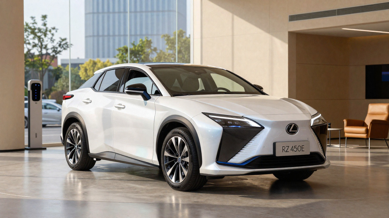 Carro elétrico Lexus RZ 450e branco estacionado em ambiente moderno com carregador ao fundo.