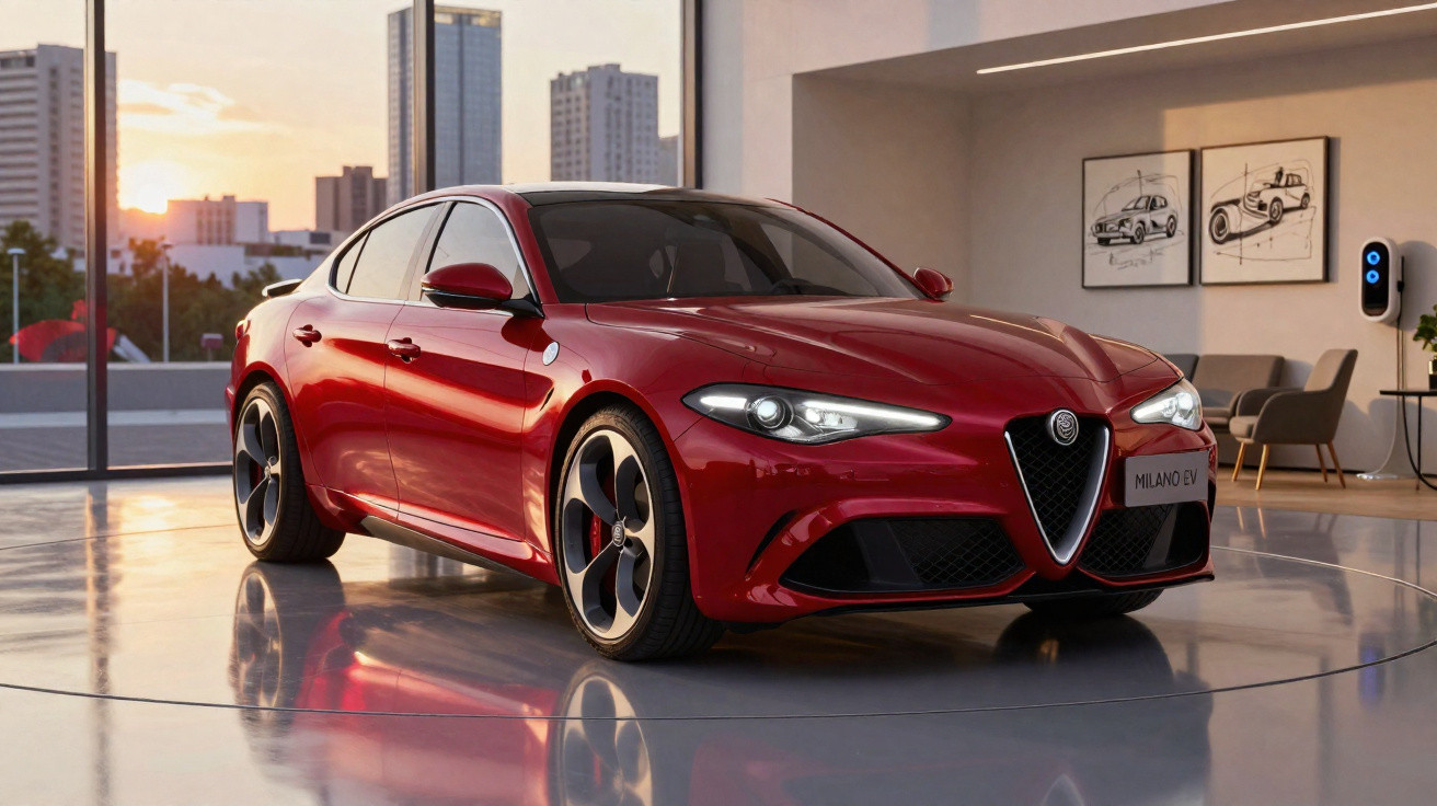 Carro esportivo vermelho Alfa Romeo Milano EVX em showroom com grandes janelas e iluminação suave.