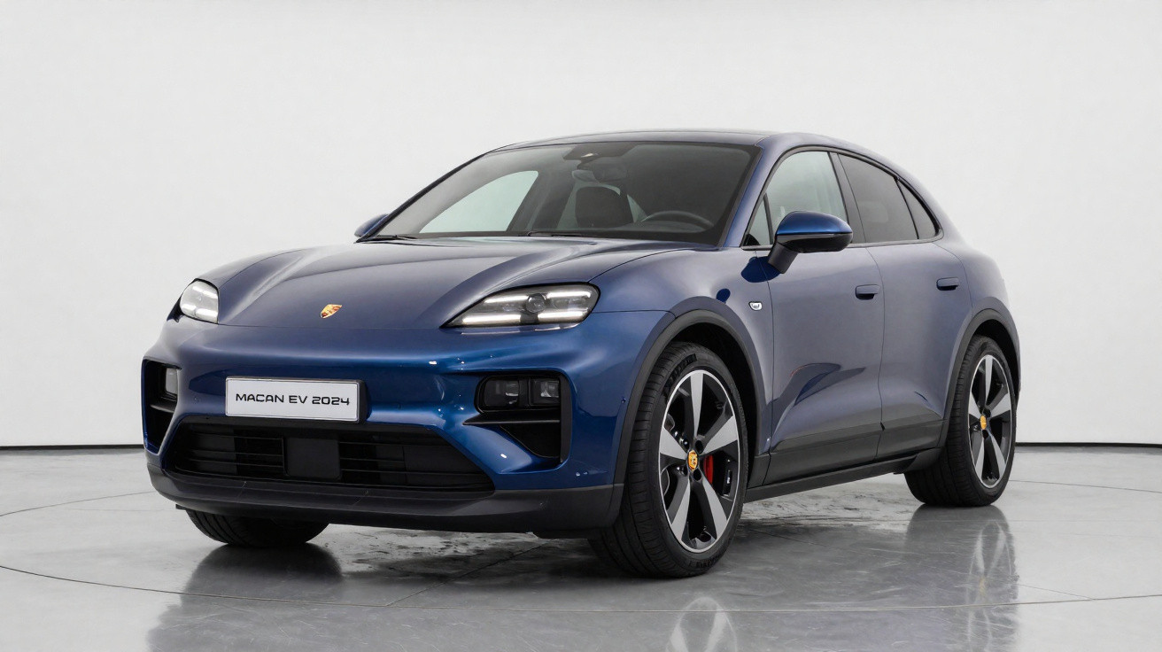 Carro elétrico Porsche Macan EV 2024 azul em estúdio com fundo branco.