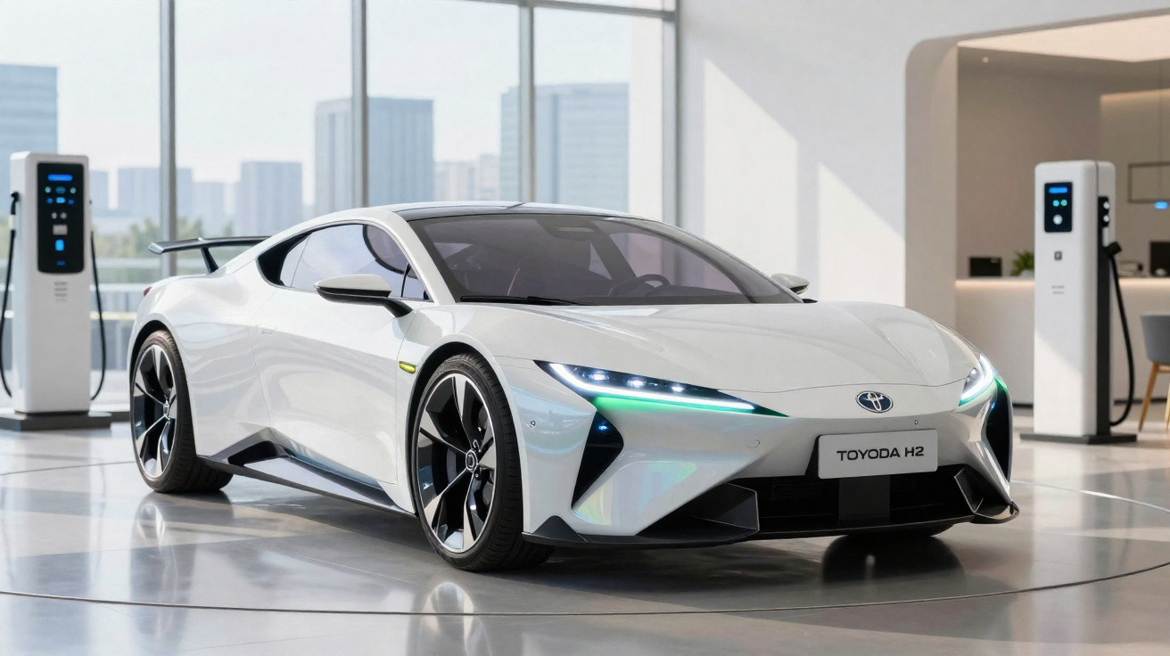 Carro esportivo branco Toyota H2 com luzes de LED ligado em showroom moderno com estações de recarga.