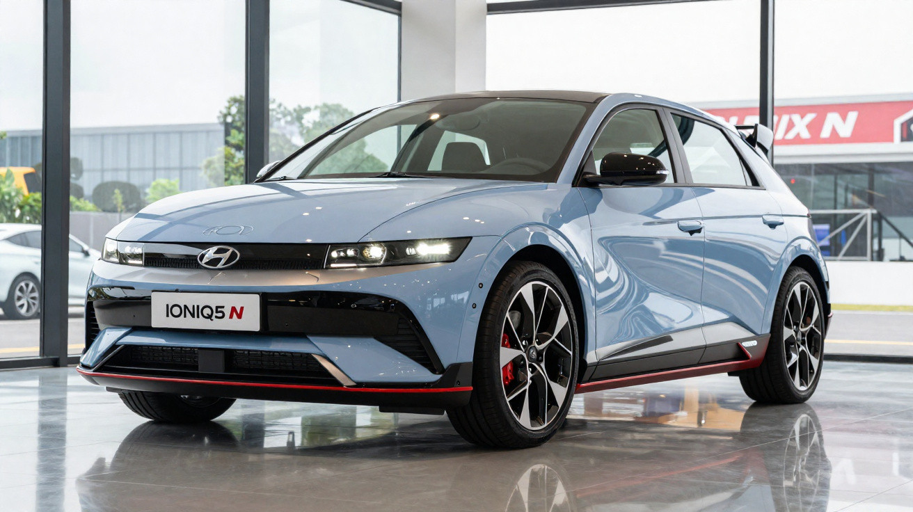 Carro Hyundai Ioniq 5 N azul em showroom com luz natural entrando pelas janelas grandes.