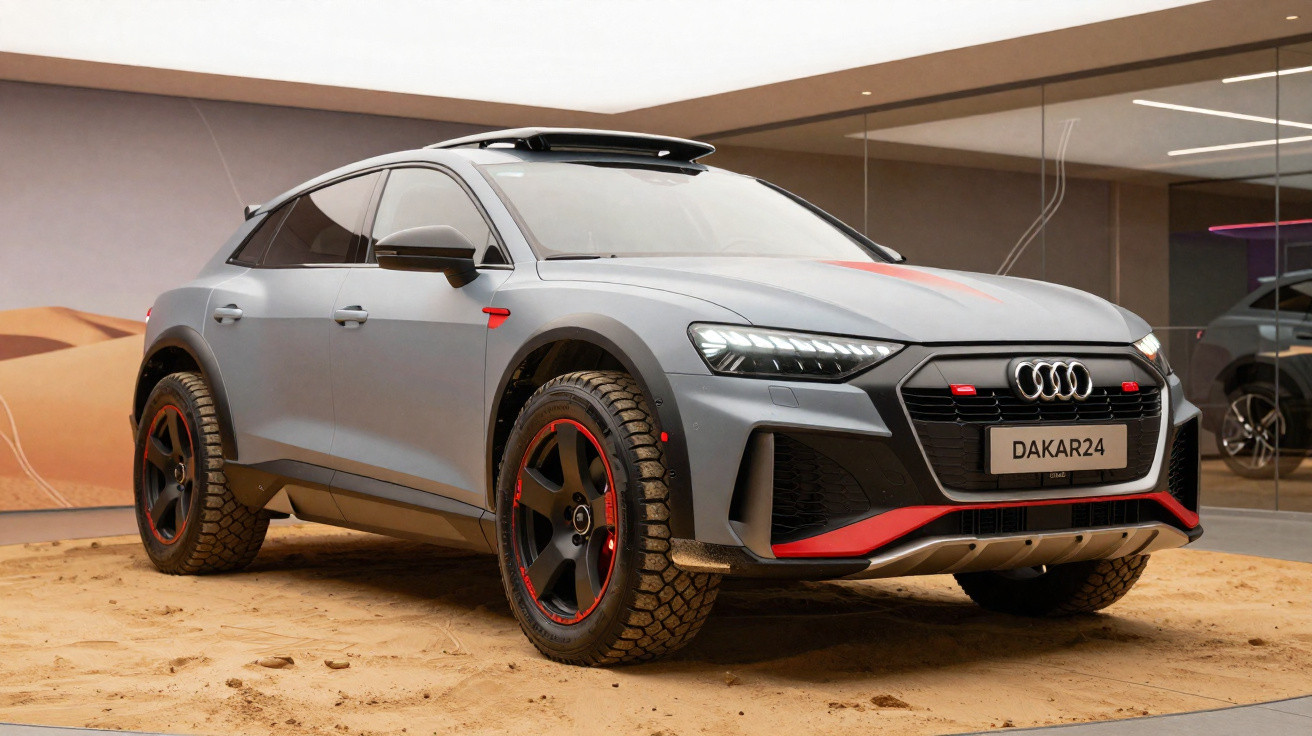 Carro SUV elétrico Audi cinza, modelo Dakar24, exibido em ambiente interno com chão de areia.