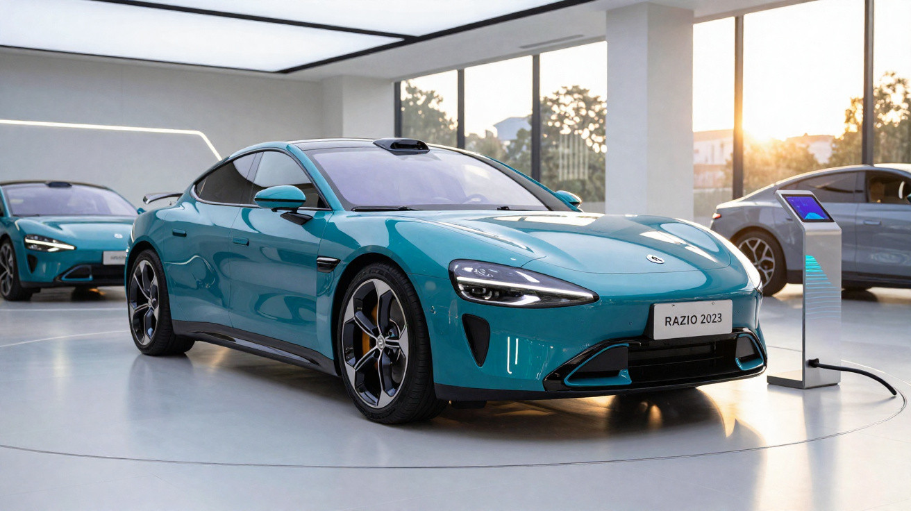 Carro elétrico azul modelo Razio 2023 em showroom moderno com estação de recarga ao lado.