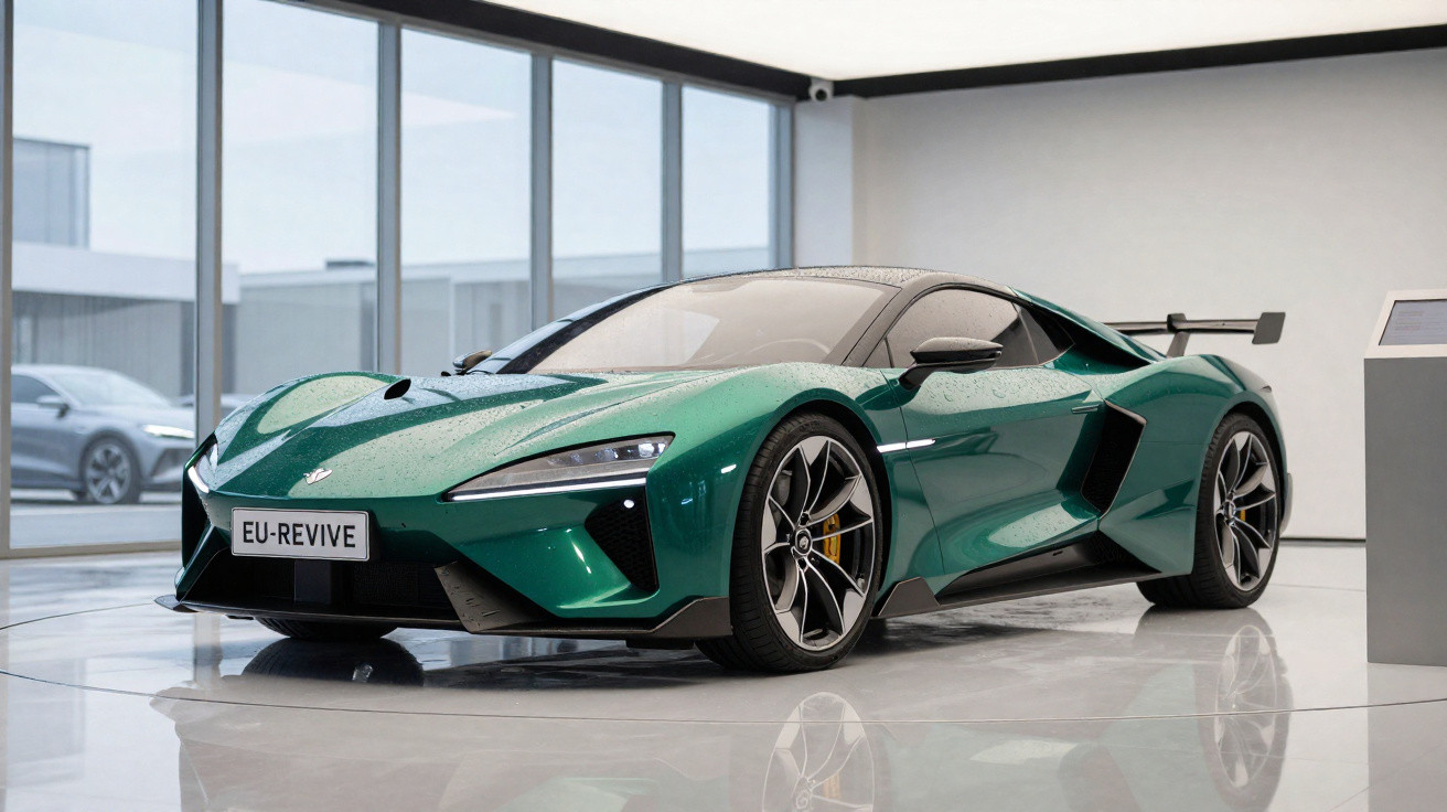 Carro esportivo verde metálico com design futurista em exposição interna, placas EU-REVIVE.