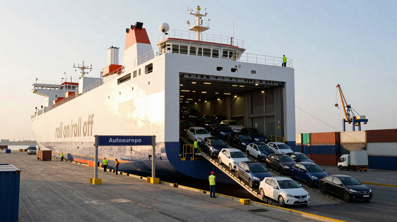 Navio cargueiro com carros desembarcando pela rampa em porto industrial ao entardecer.