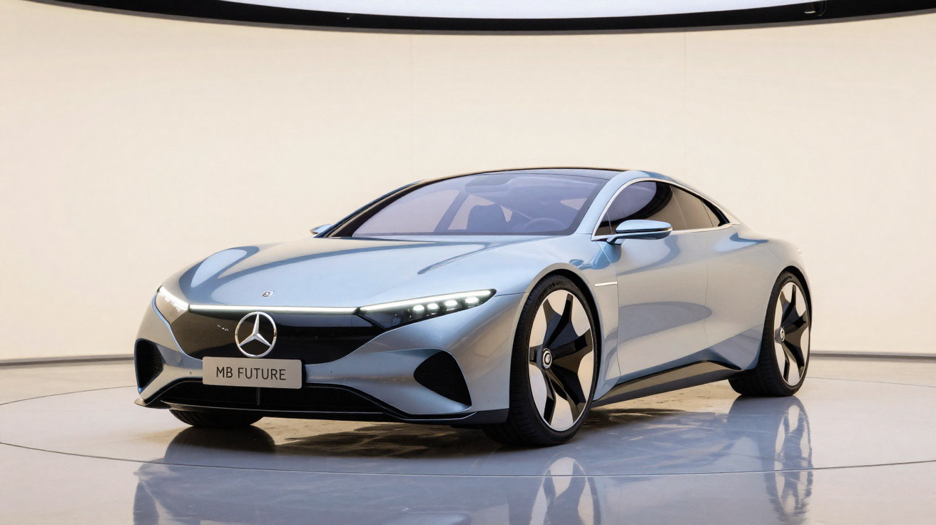 Carro conceito Mercedes-Benz prata com design futurista em estúdio iluminado, placa MB FUTURE.