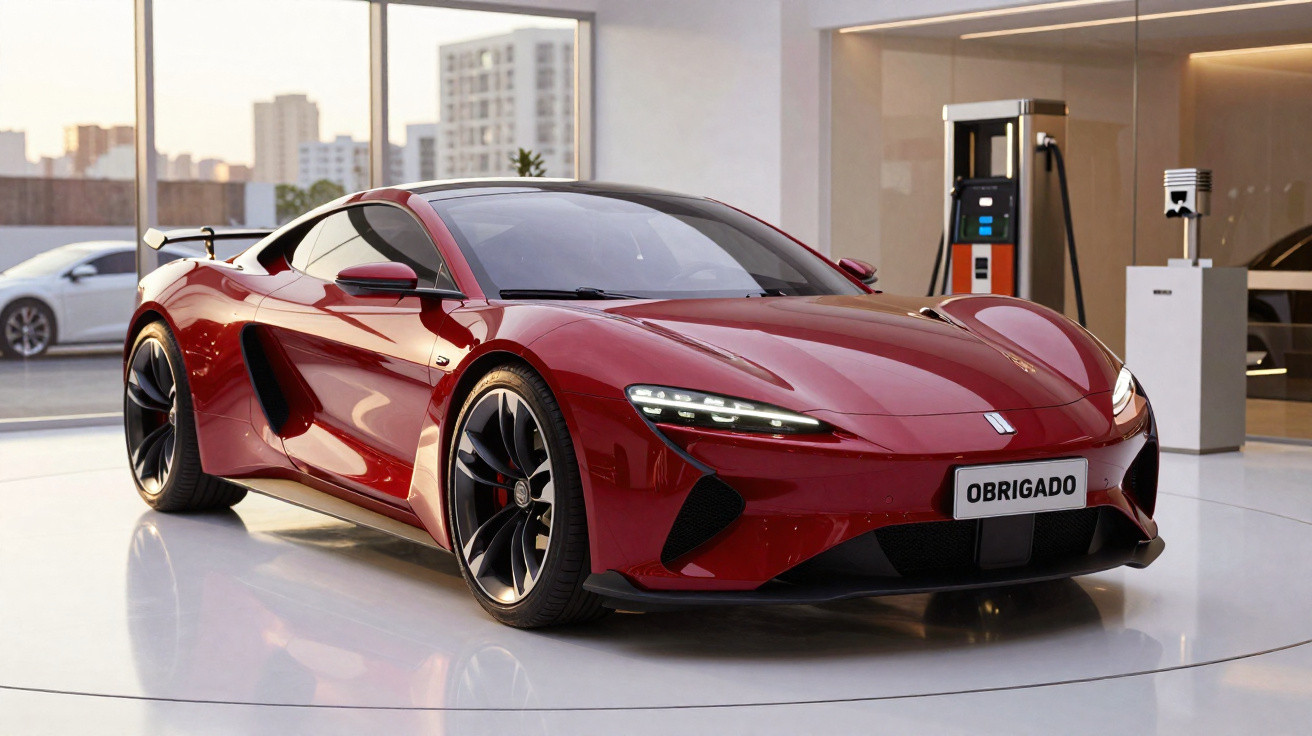 Carro esportivo vermelho em showroom moderno com placa escrita "OBRIGADO" e prédio ao fundo.