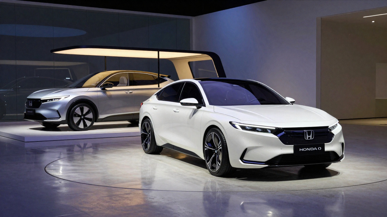 Dois carros elétricos Honda O em exposição, um branco em destaque e outro cinza ao fundo em ambiente moderno.