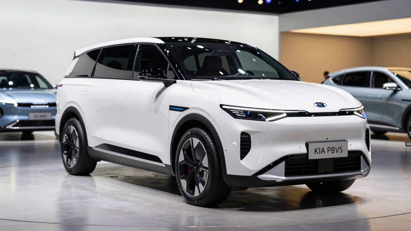 Carro elétrico branco Kia PBV5 em exposição, com design moderno e rodas pretas, em ambiente interno.