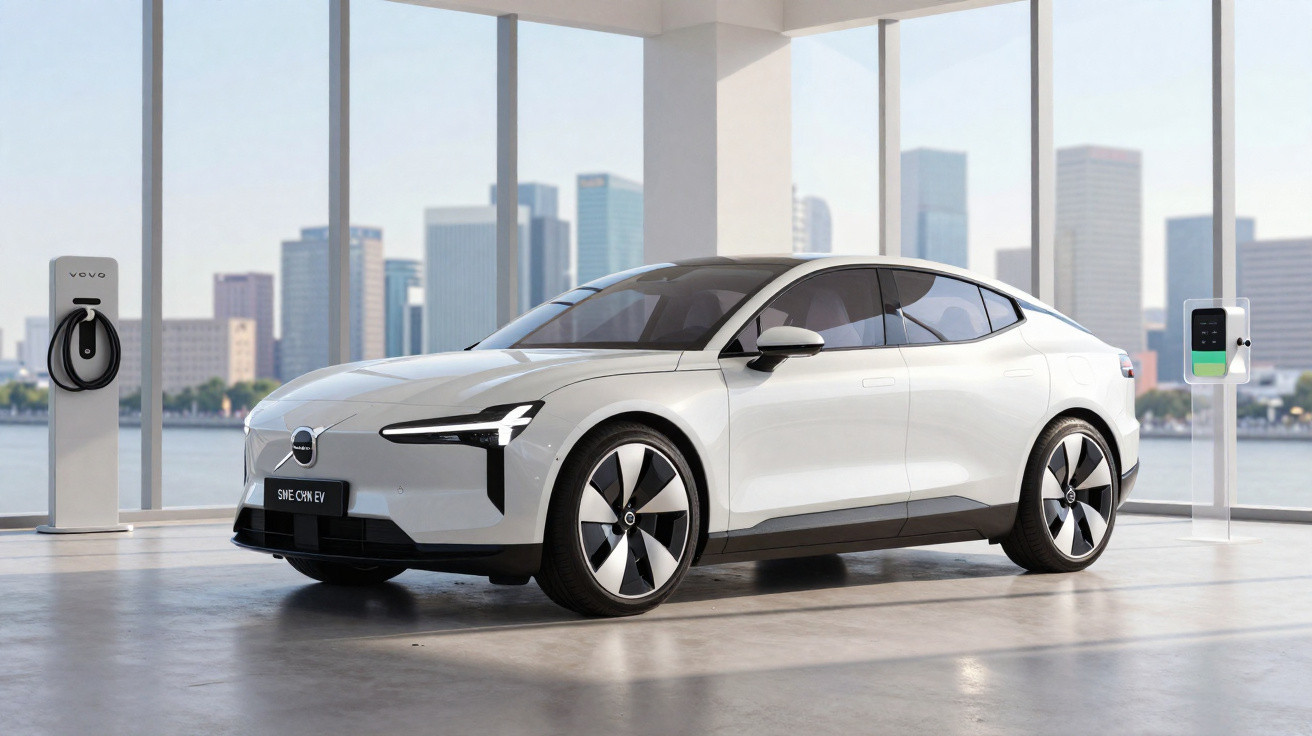 Carro elétrico branco Volvo estacionado em ambiente fechado com estações de recarga e vista urbana ao fundo.
