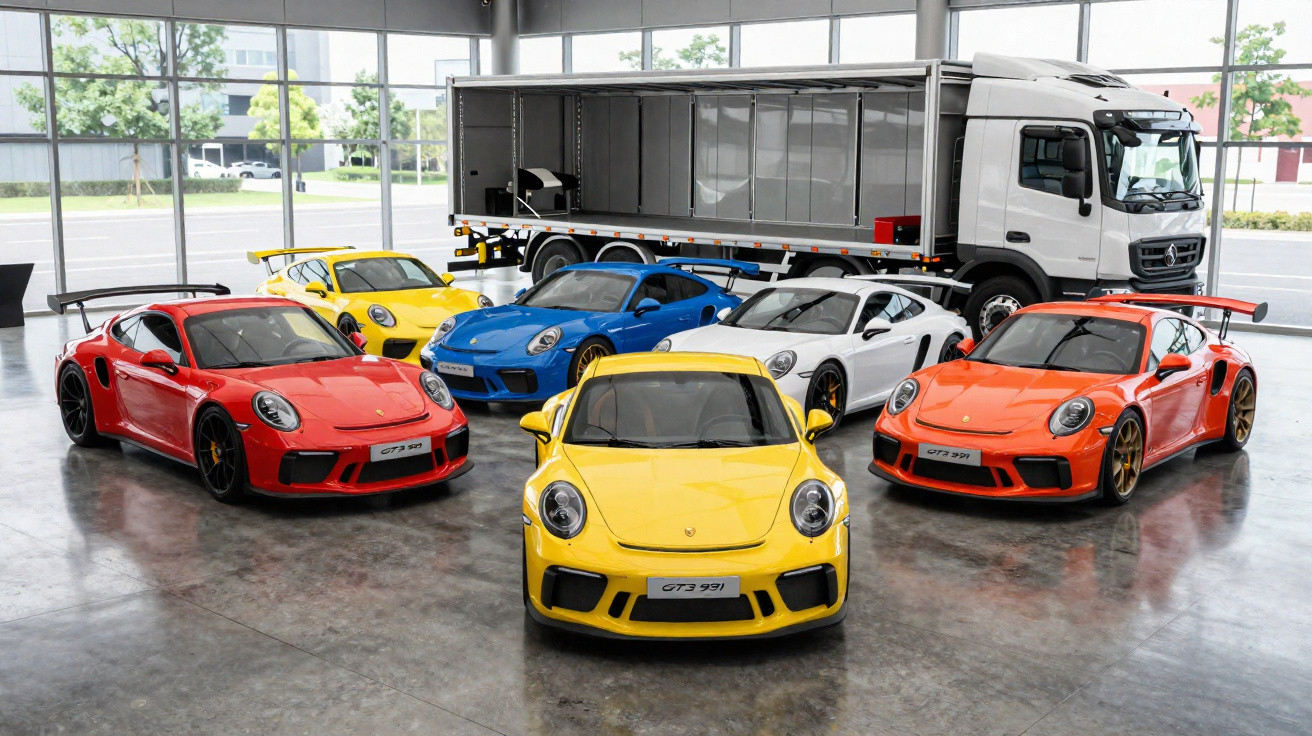 Seis carros esportivos Porsche 911 coloridos e um caminhão branco em galpão de vidro iluminado.