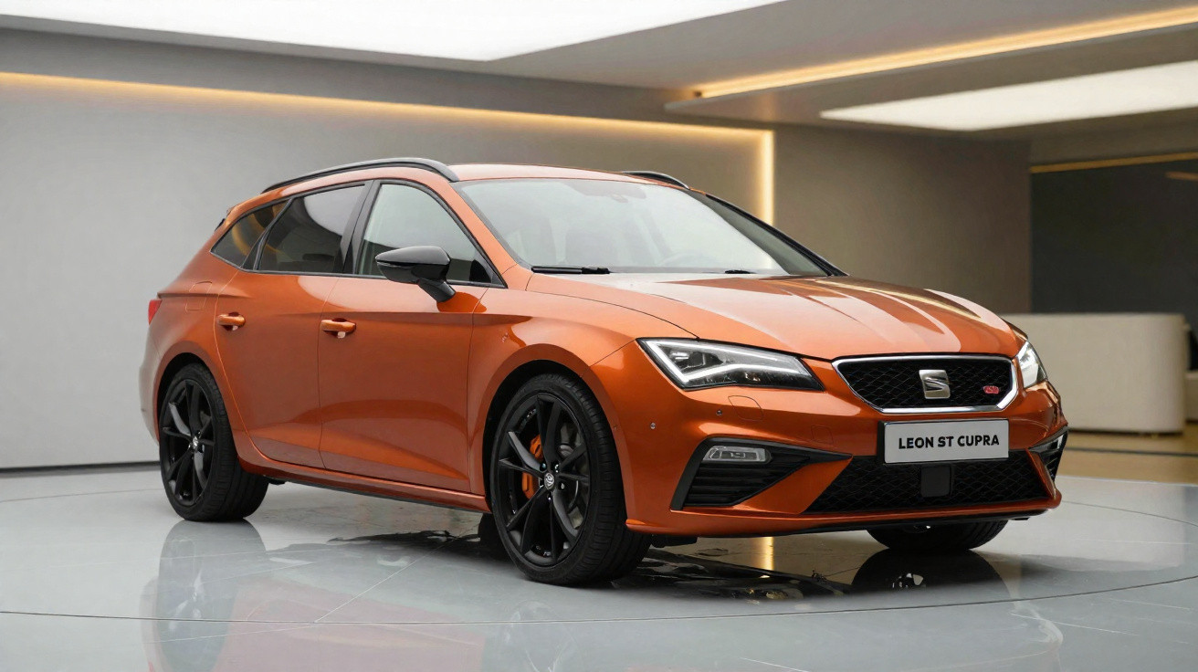 Carro esportivo Seat Leon ST Cupra laranja em exibição em ambiente interno moderno.