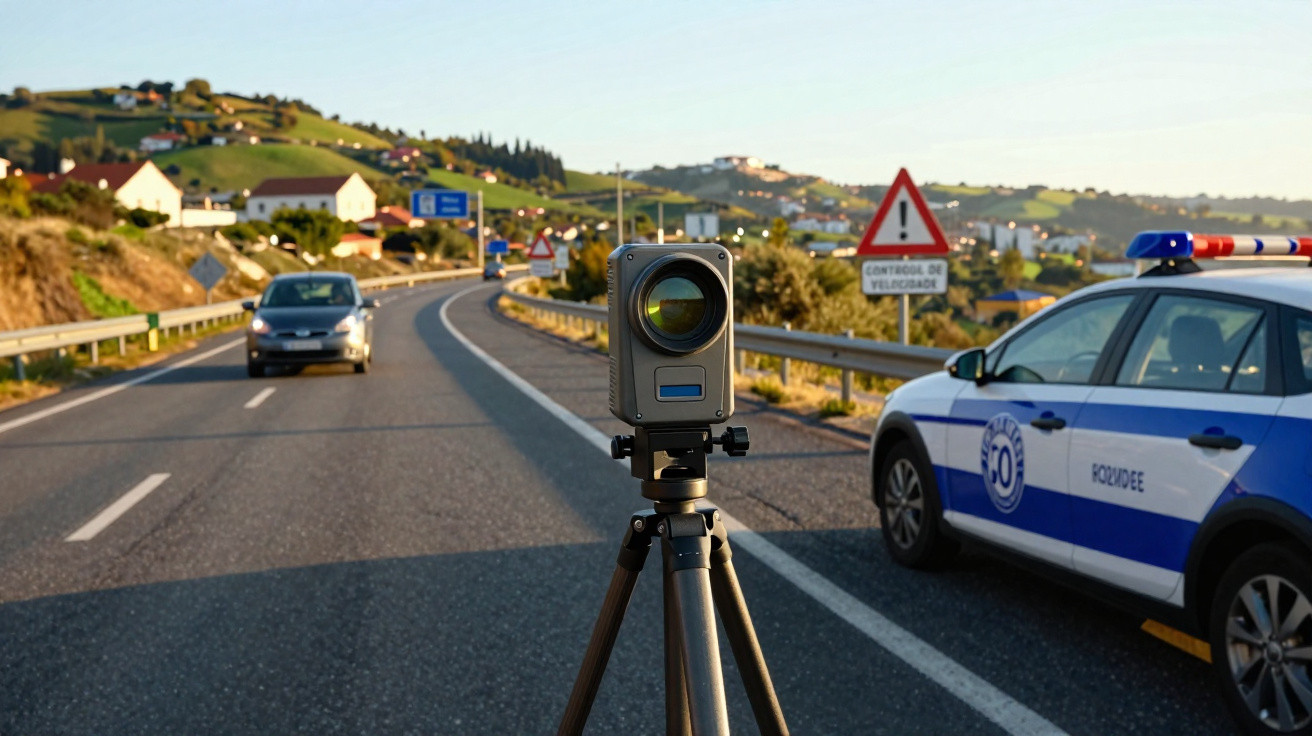 Radar de velocidade na estrada com carro da polícia estacionado e veículo se aproximando ao fundo.