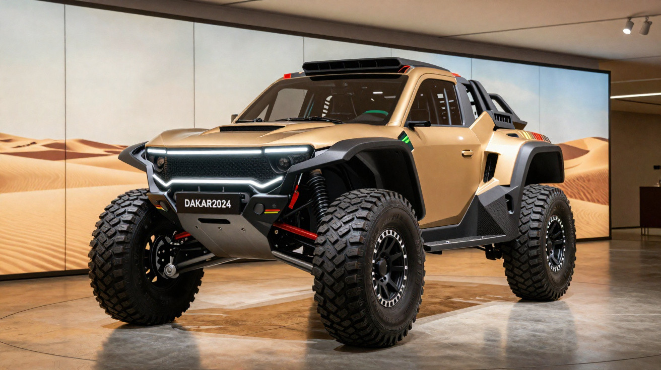 Picape off-road dourada com pneus grandes exposta em ambiente interno e tela de deserto ao fundo.