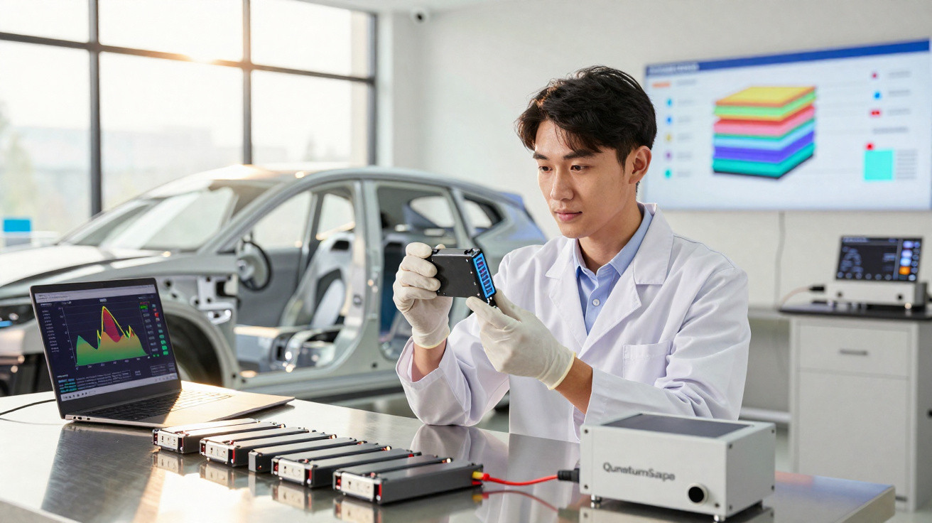 Homem em laboratório testa baterias de carro elétrico com equipamentos e gráficos digitais ao redor.
