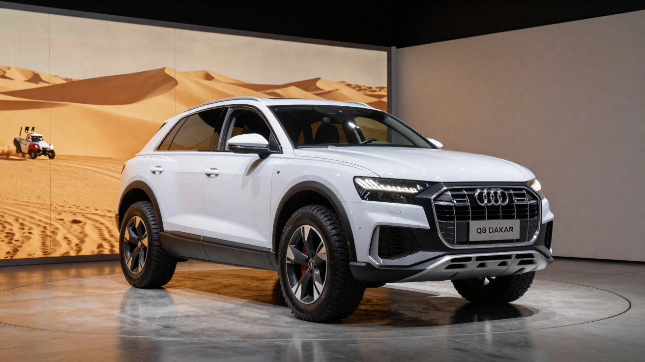 Audi Q8 Dakar branco em exposição com fundo digital de deserto de areia e dunas