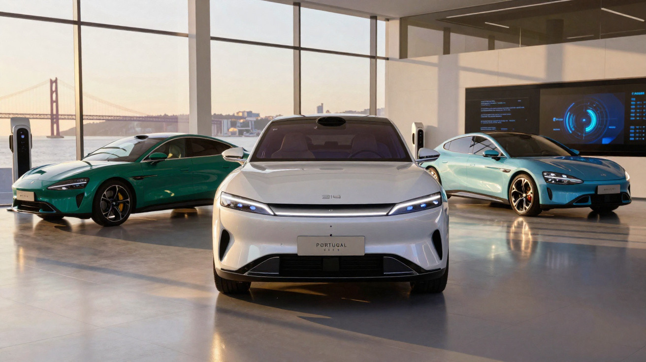 Três carros elétricos modernos exibidos em garagem com janelas grandes e vista para a ponte suspensa.