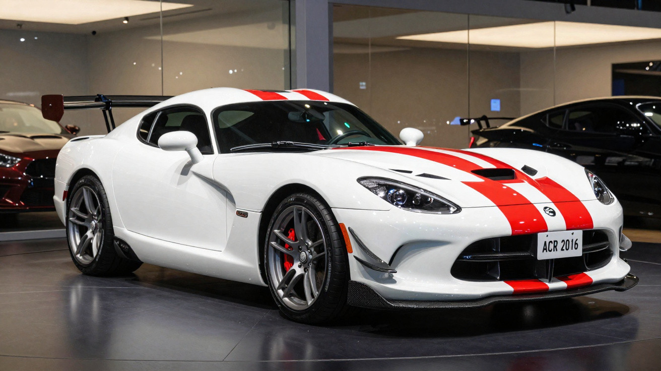 Carro esportivo branco com faixas vermelhas ACR 2016 estacionado em um showroom moderno.