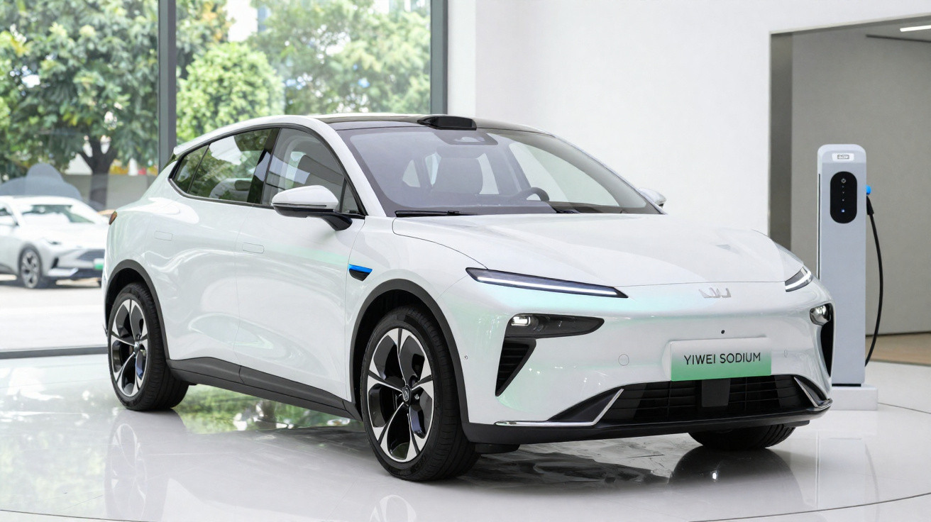 Carro elétrico branco Yiwei Sodium estacionado próximo a estação de recarga em ambiente interno moderno.