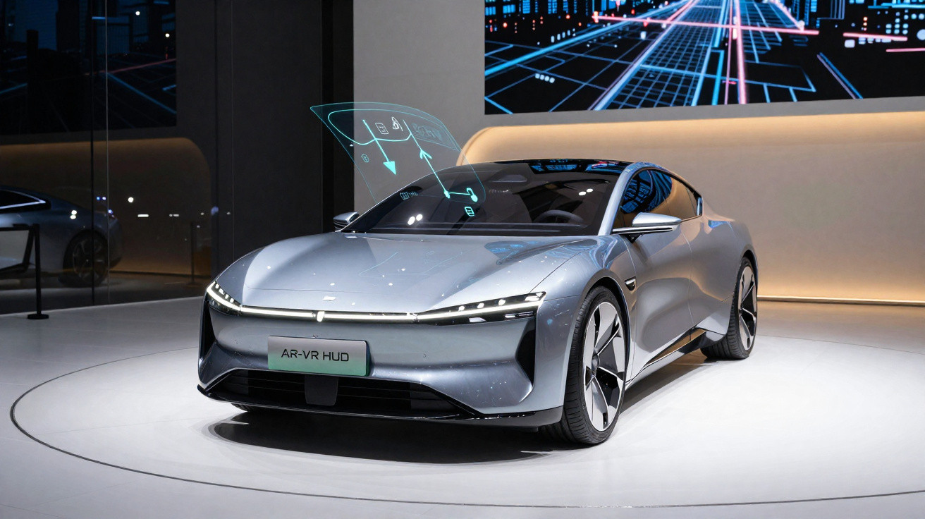 Carro esportivo cinza prata com tecnologia AR-VR HUD exibida em ambiente moderno de exposição.