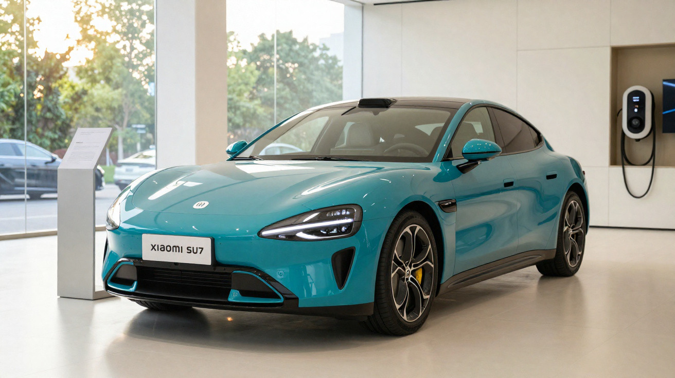 Carro elétrico azul Xiaomi SU7 em exposição interna com carregador instalado na parede ao fundo.