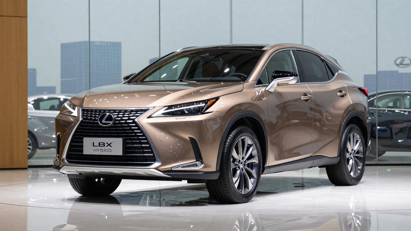 SUV Lexus LBX Hybrid cor bronze exposto em showroom moderno com piso branco refletivo.