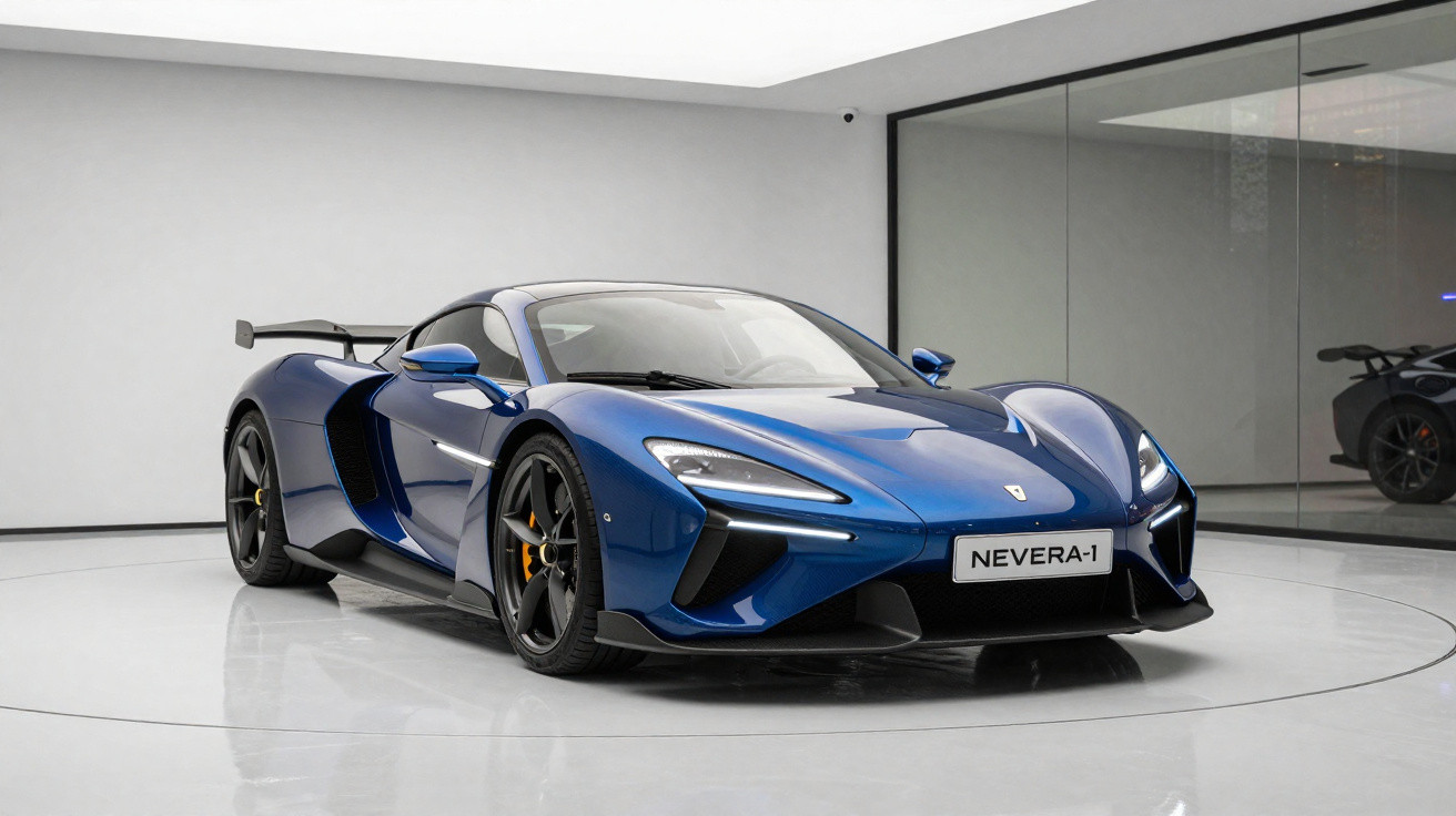 Carro esportivo azul metálico McLaren Nevera-1 em estúdio com piso branco e parede de vidro.