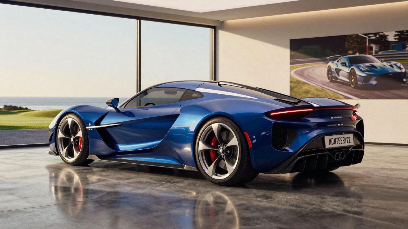 Carro esportivo azul estacionado em ambiente interno com vista para o mar e quadro de carro na parede.