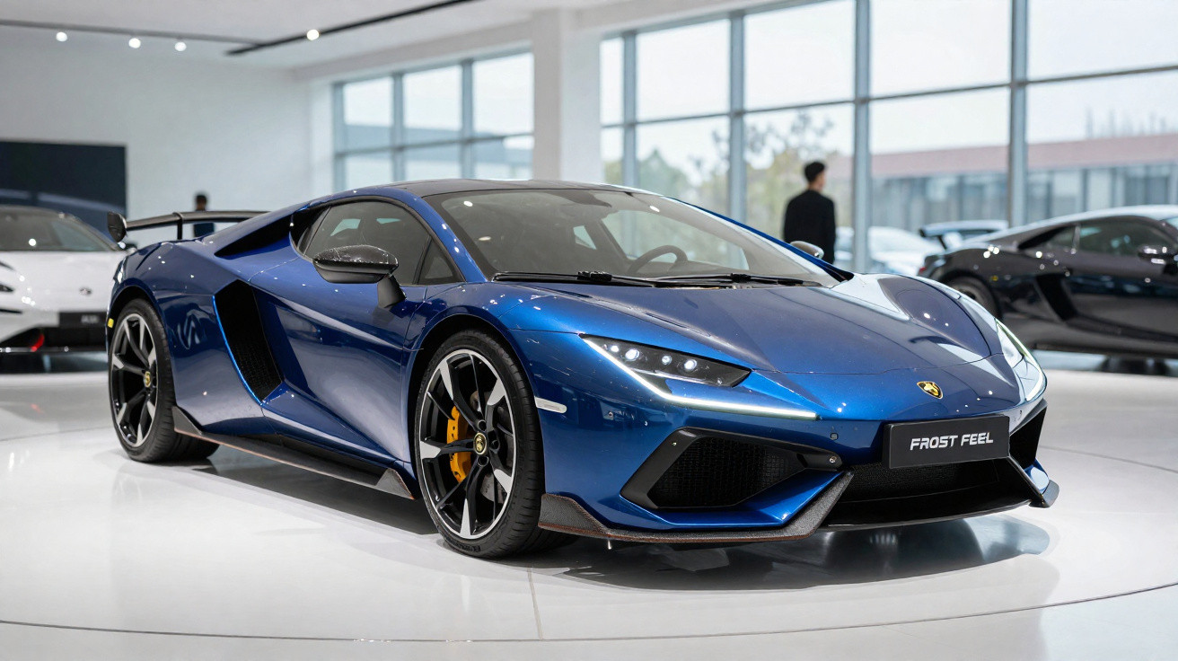 Carro esportivo Lamborghini azul metálico exibido em showroom moderno com piso branco e pessoas ao fundo.