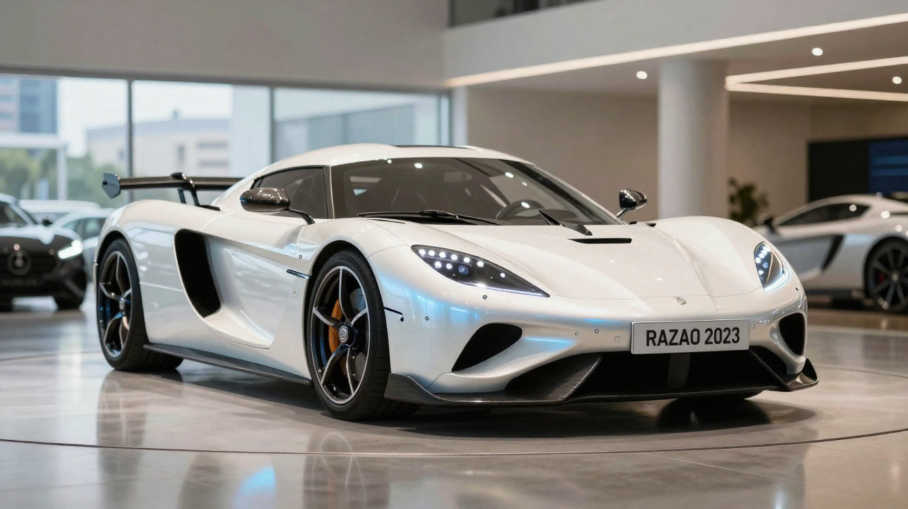 Carro esportivo branco com faróis acesos estacionado em showroom moderno e iluminado.