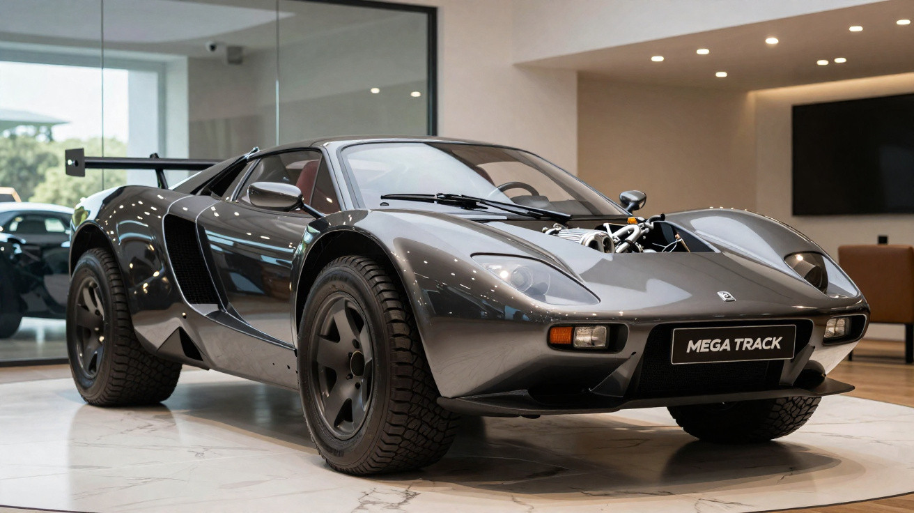 Carro esportivo cinza com capô aberto exibindo o motor, em showroom moderno com luzes embutidas.