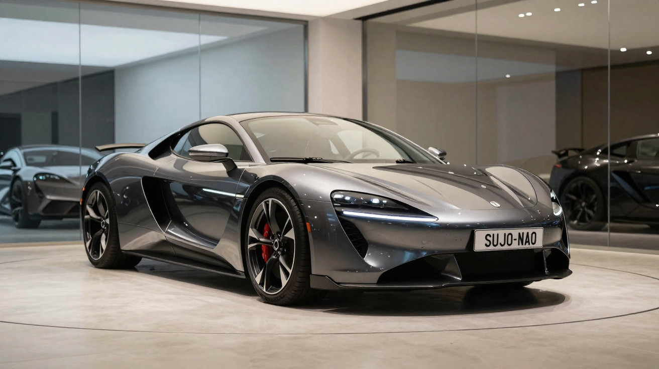 Carro esportivo cinza com placas "SUJO-NÃO" em showroom com paredes espelhadas ao fundo.