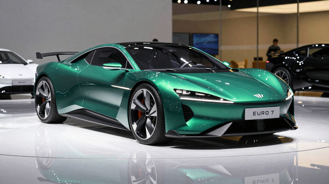 Carro esportivo verde metálico com design moderno exposto em salão automotivo, placa com texto EURO 7.