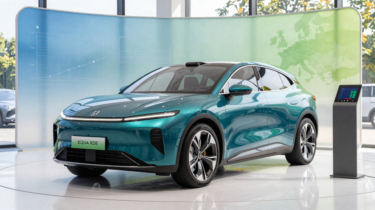 Carro elétrico azul modelo Equa RDE em exposição interna com pedestal digital ao lado.