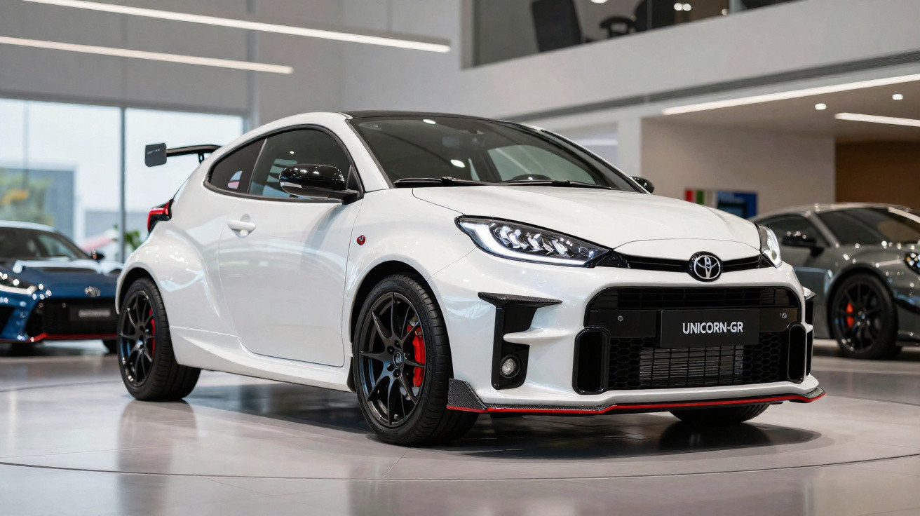 Carro esportivo branco Toyota GR com faróis acesos em exposição interna.
