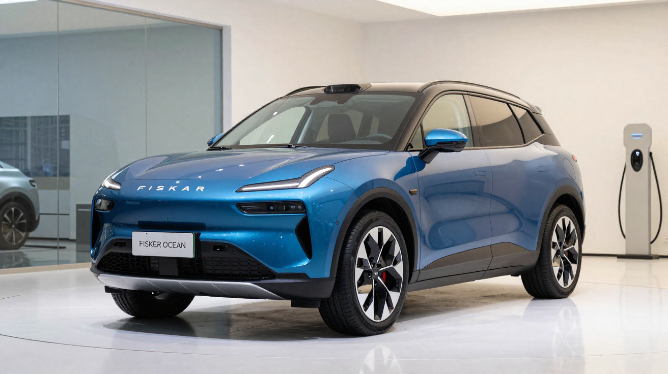 Carro elétrico SUV azul Fisker Ocean estacionado em showroom moderno com estação de recarga ao fundo.