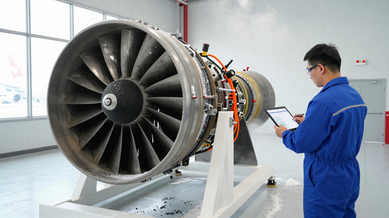 Engenheiro em macacão azul inspecionando motor de avião desmontado em hangar iluminado.