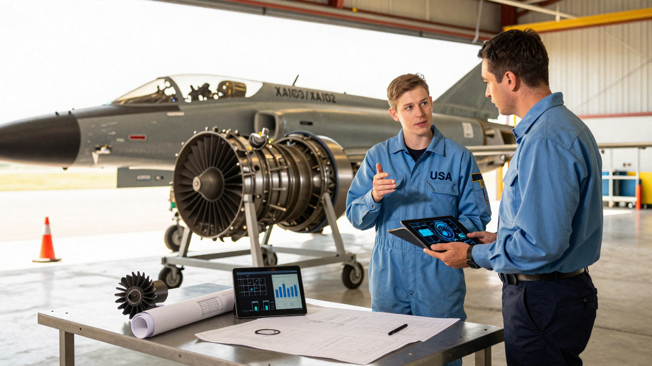 Dois engenheiros discutem dados de turbina de jato em hangar, com avião militar ao fundo.