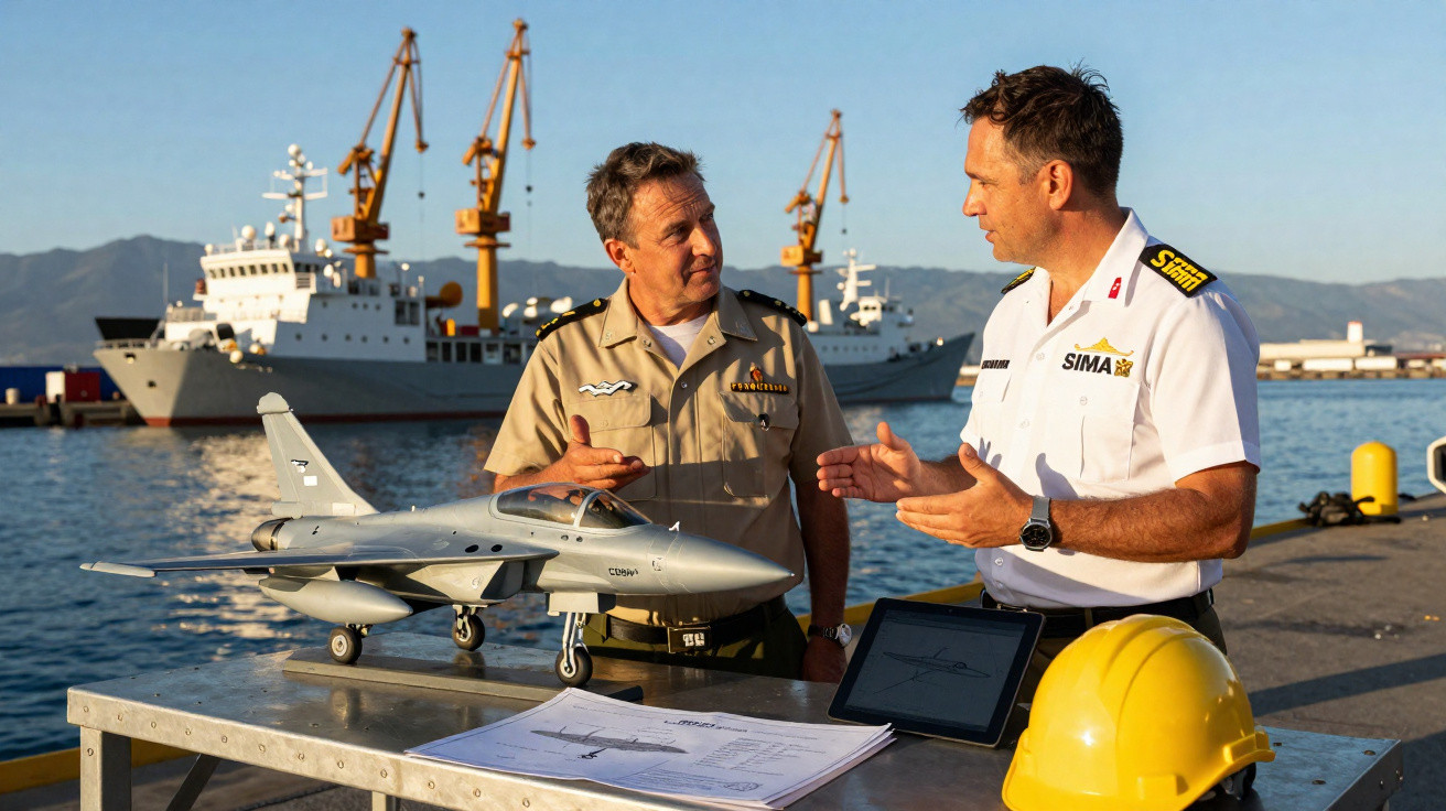 Dois homens em uniforme militar discutem ao lado de um modelo de jato em um porto com navio ao fundo.