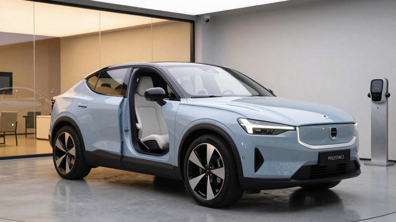 Carro elétrico azul modelo Polestar 3 com porta dianteira aberta em showroom moderno.