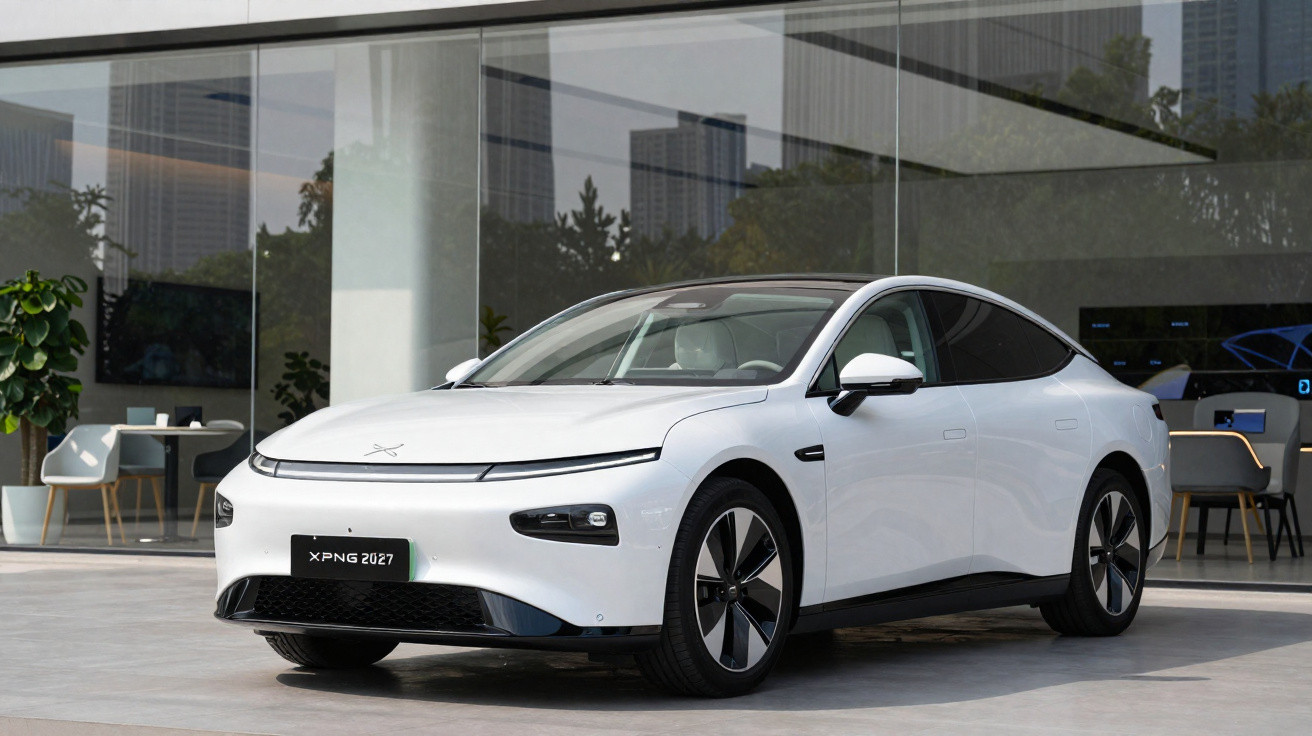 Carro elétrico branco modelo XPENG 2027 estacionado em área urbana moderna com fachada de vidro.