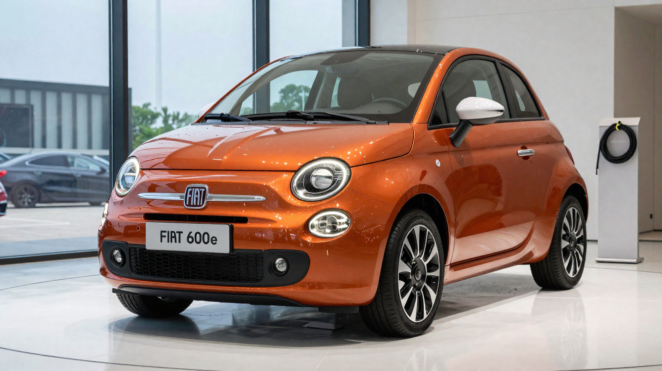 Carro elétrico Fiat 600e laranja estacionado em showroom moderno com paredes brancas e janelas grandes.