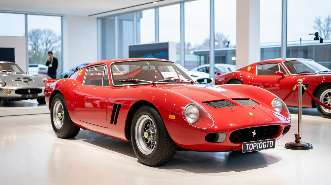 Carro esportivo clássico vermelho Ferrari 250 GTO exposto em museu com outros carros ao fundo.