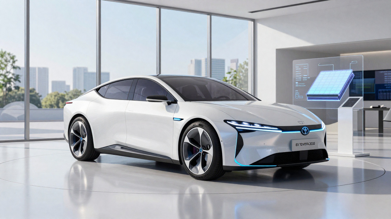 Carro elétrico branco futurista em ambiente de showroom com grandes janelas e telas digitais ao fundo.
