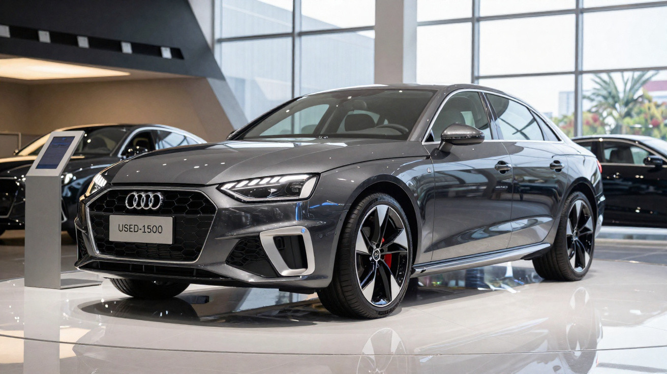 Audi sedan cinza escuro em exposição em showroom moderno com iluminação natural e reflexos no chão branco.