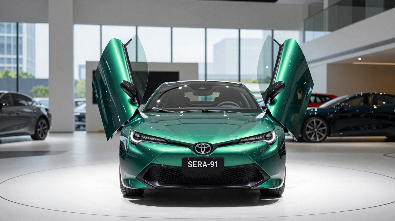 Carro esportivo verde Toyota com portas abertas para cima em showroom moderno e iluminado.
