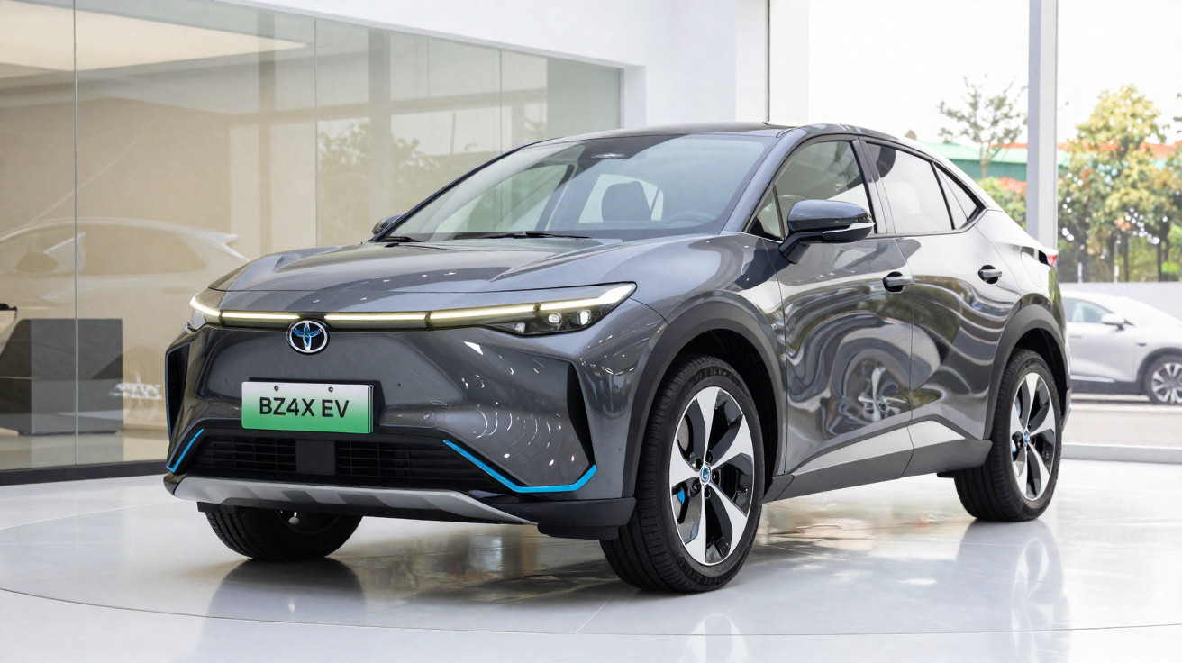 Carro elétrico Toyota BZ4X EV cinza estacionado em ambiente interno moderno.