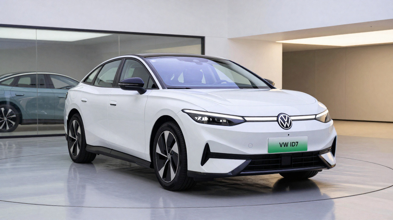 Carro elétrico VW ID.7 branco em showroom moderno com teto preto e rodas aerodinâmicas grandes.