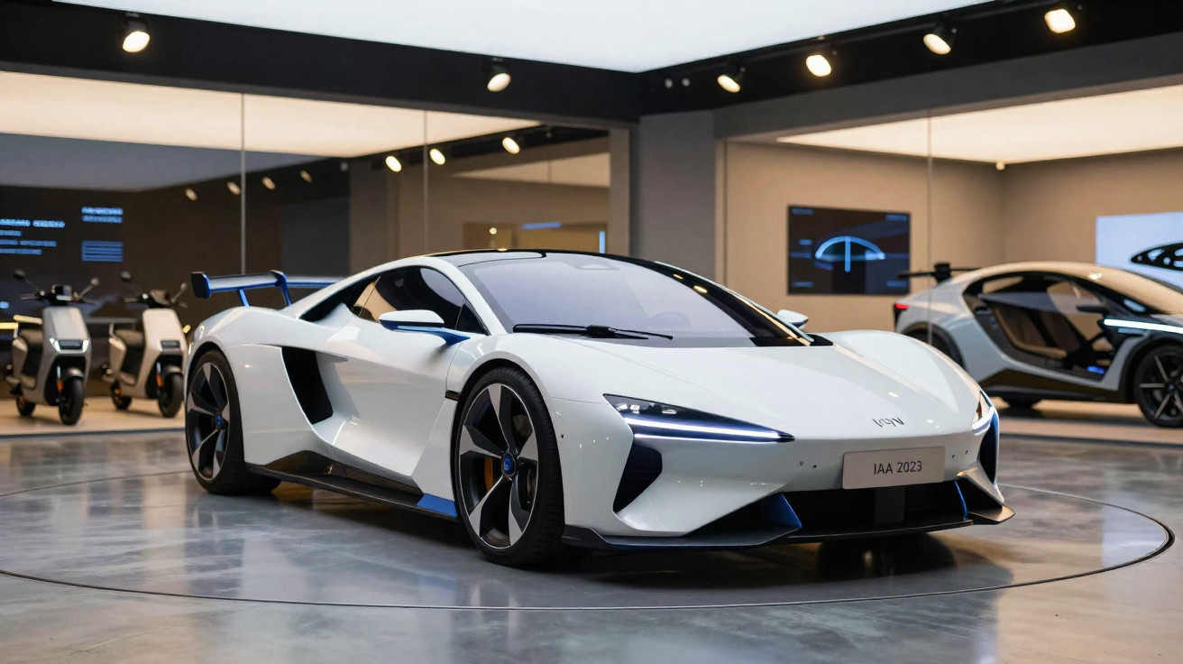 Carro esportivo branco elétrico futurista em exposição em ambiente interno moderno com iluminação intensa.